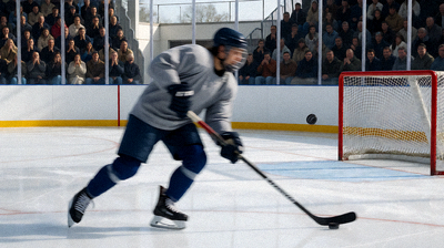 冰球比賽，球員身著護具在冰面上快速滑行，冰球飛向球門，觀眾屏息以待